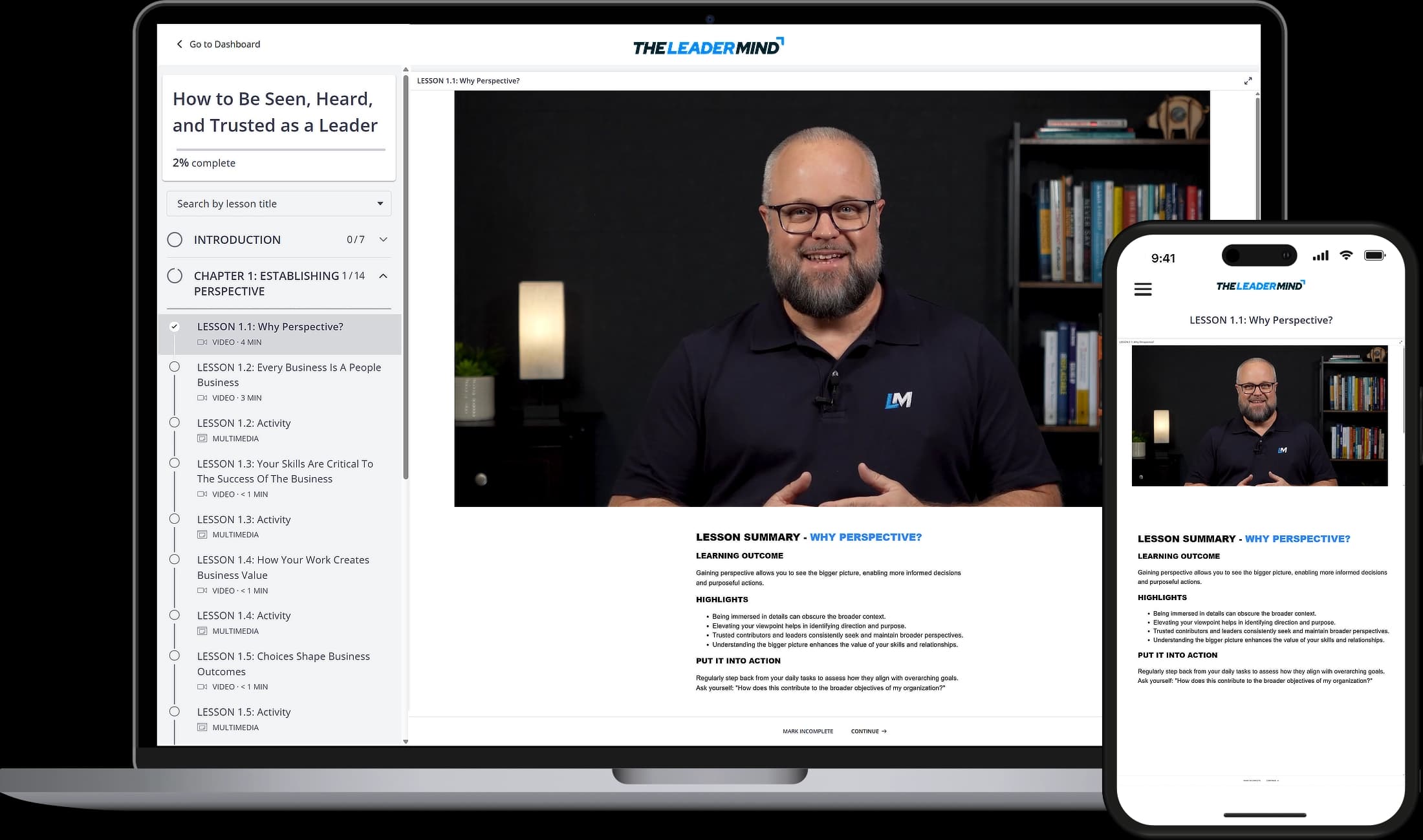 Laptop displaying a preview of the THELEADERMIND online course